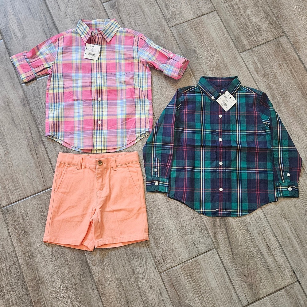 Janie and Jack 3pc Set Kids 3 Pink Green Plaid Shirts Peach Shorts Preppy School